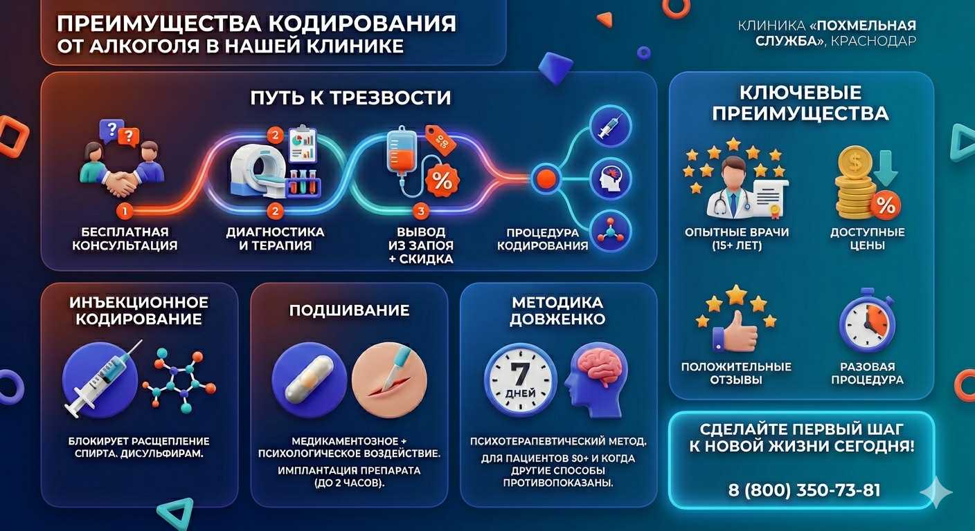 Инфографика о методах кодирования от алкоголя в Назрани: инъекции, подшивание, метод Довженко. Преимущества клиники и этапы лечения.
