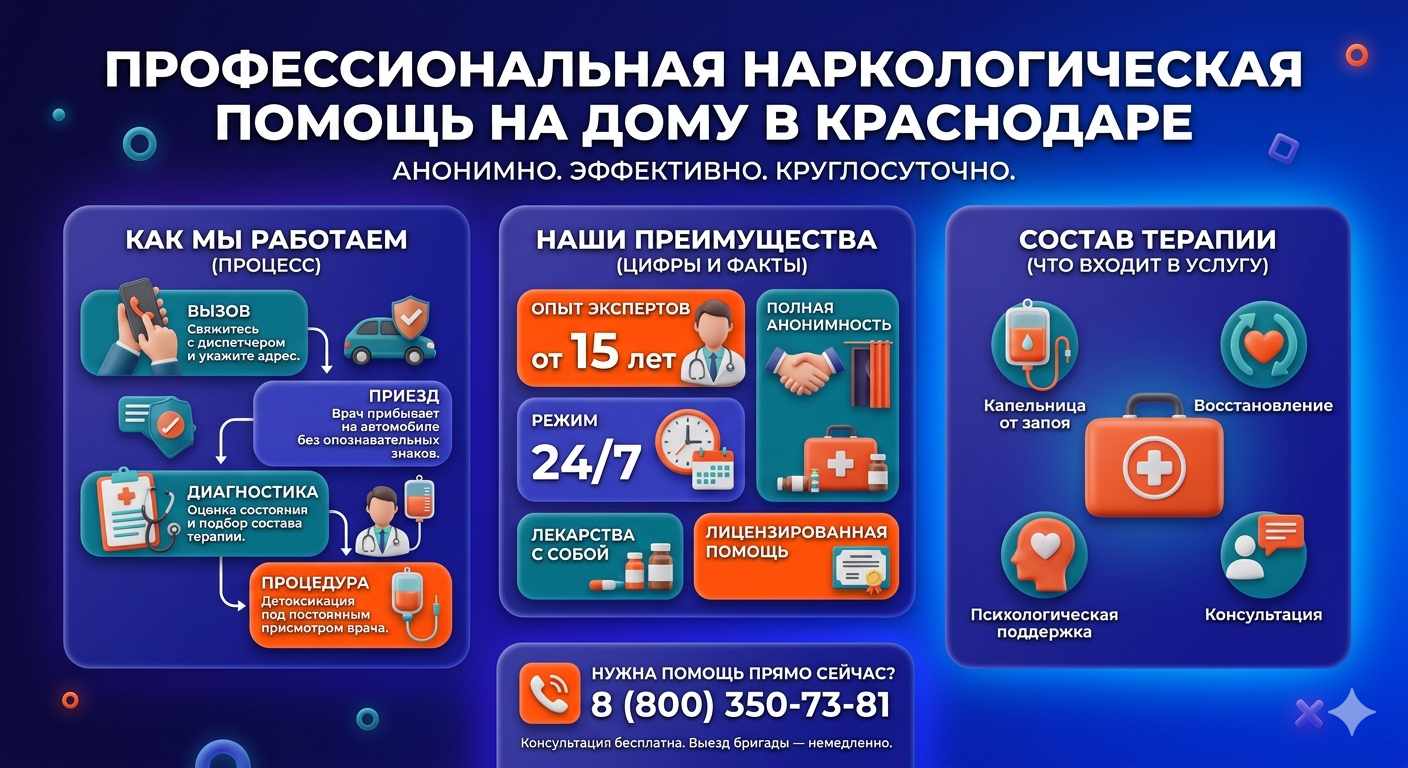Инфографика о принципах лечения алкоголизма на дому в Назрани: этапы вызова нарколога, преимущества анонимной детоксикации и состав медицинской помощи.